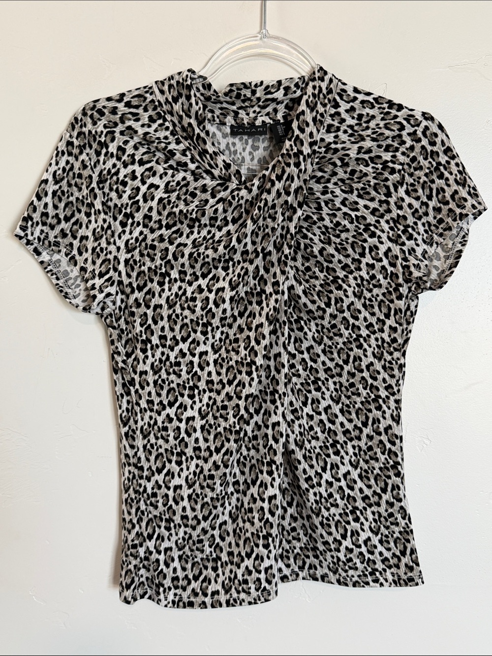 Tahari Black & White Leopard-Print Short Sleeve Twist-Neck Top